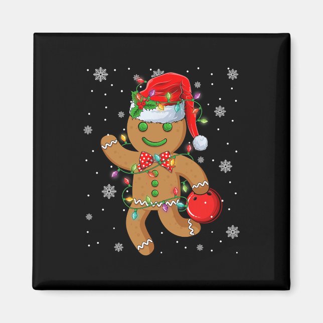 Imã Chapéu de Papai Noel de Pão de Mel Jogando Boliche (Frente)