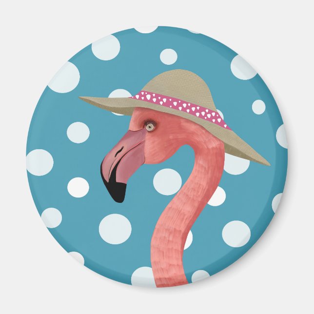 Imã Chapéu de Verão Feliz Verão Flamingo Azul Bolinhas (Frente)