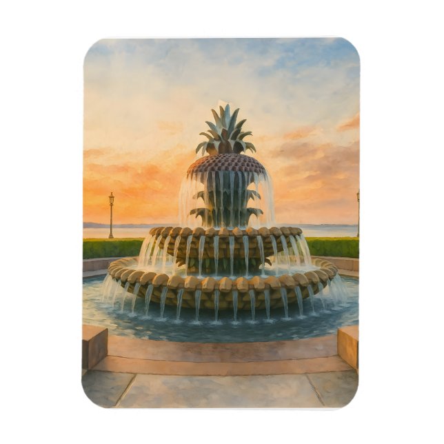 Ímã Charleston Pineapple Fountain Watercolor Sunset (Vertical)