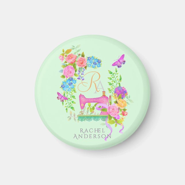 Imã Chaveiro Verde de Monograma Floral de Friso de Cos (Frente)