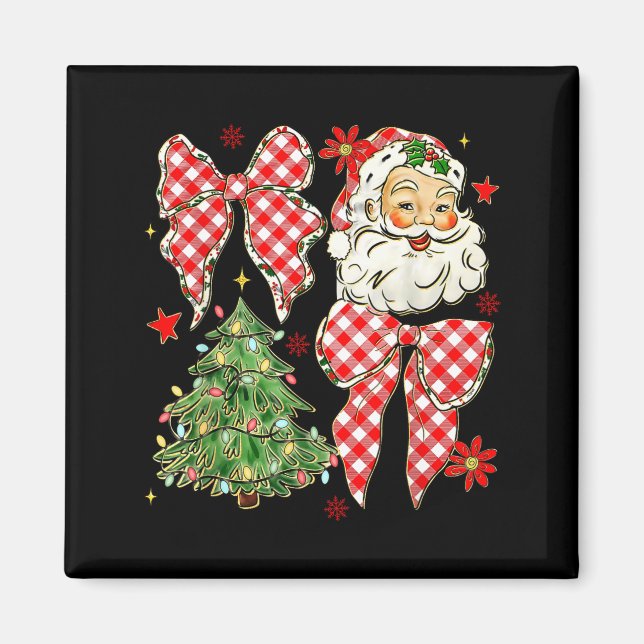 Imã Checkered Coquette Bow Santa Claus Christmas Holid (Frente)