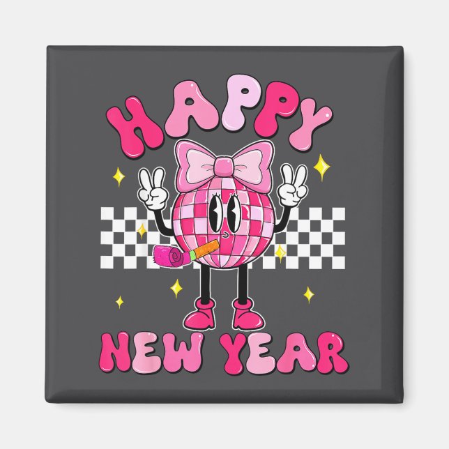 Imã Checkered Happy New Year 2026 Disco Ball New Year  (Frente)