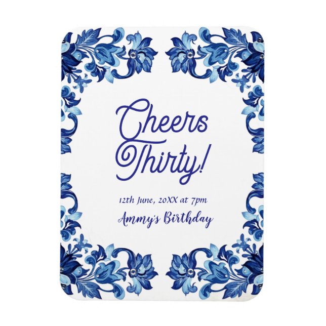 Ímã Cheers thirty birthday royal blue floral border na (Vertical)