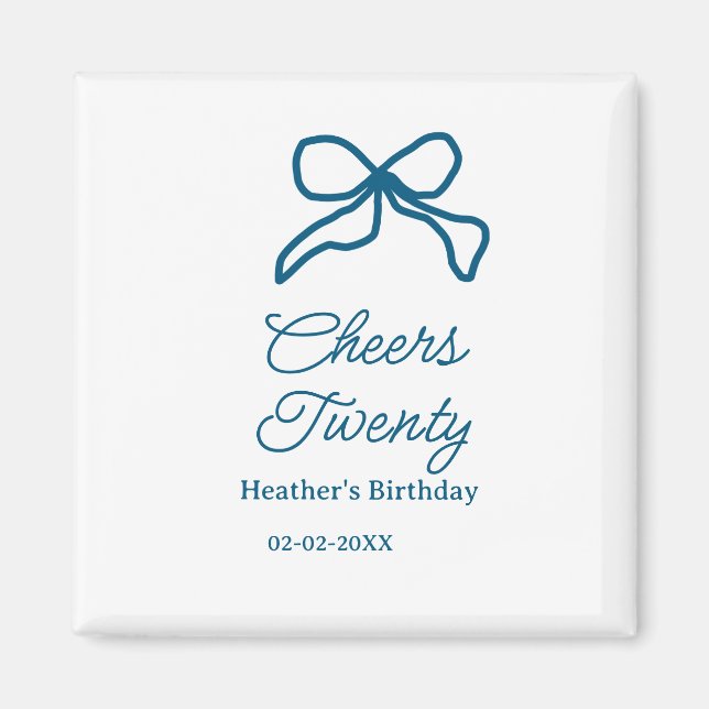 Imã Cheers twenty blue birthday bow name date boho ret (Frente)