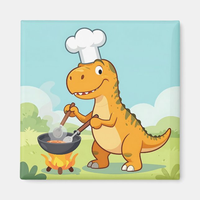 Imã Chef Dinossauro Cozinhando Divertido (Frente)