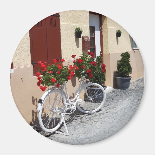 Imã Cheio Bicicleta De Flores De Gerânio Vermelho (Frente)