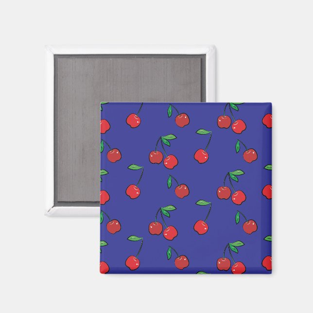 Imã Cherry Berries Red Pattern Modern Retro Blue Diver (Front/Back)