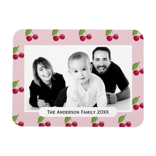 Ímã Cherry Pattern Pink Custom Photo Personalised (Horizontal)