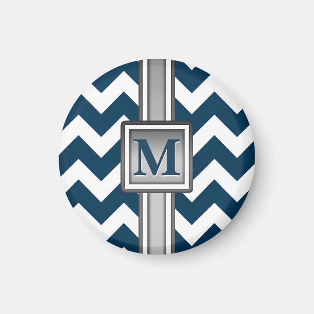 Imã Chevron com Cinza Branca Azul Moderno, Monograma (Frente)