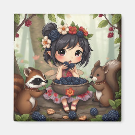 Imã Chibi Fairy Eating Blackberries with Forest Friend