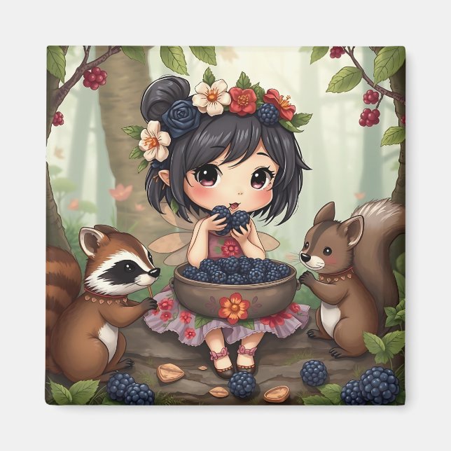 Imã Chibi Fairy Eating Blackberries with Forest Friend (Frente)