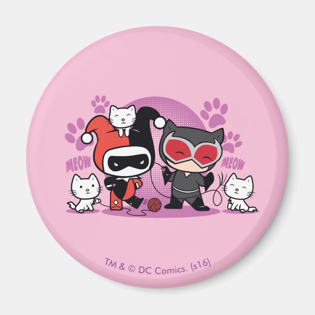 Imã Chibi Harley Quinn & Chibi Catman Com Gatos (Frente)