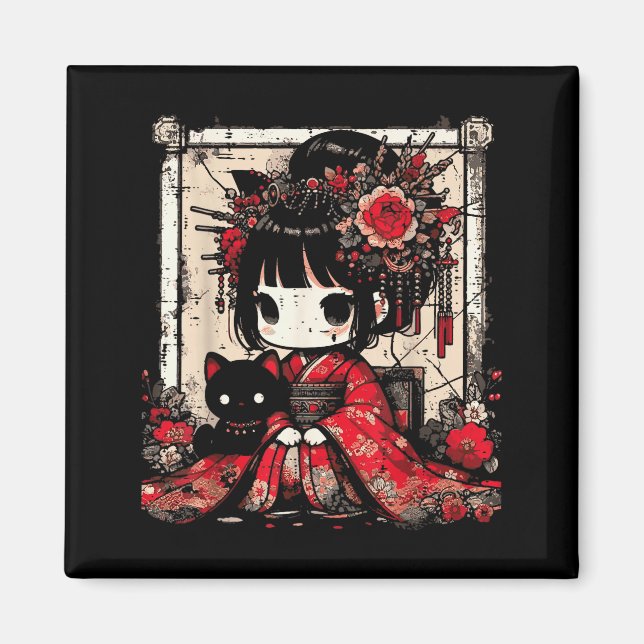 Imã Chibi Kimono Girl Black Cat Flowers Japanese Art W (Frente)