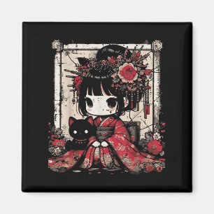 Imã Chibi Kimono Girl Black Cat Flowers Japonês Art W