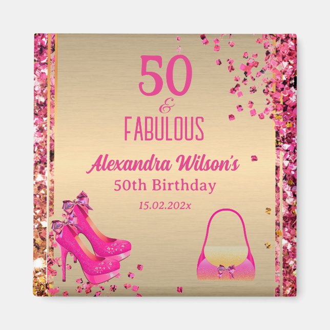 Imã Chic 50 e fabuloso salto alto Dourado, brilho rosa (Frente)