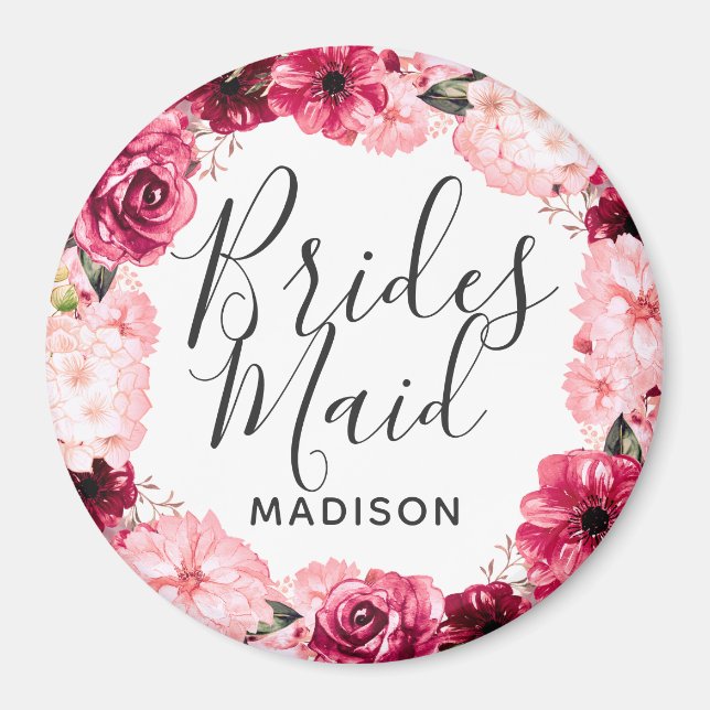 Imã Chic Burgundy e Pink Floral Wreath Bridesmaid (Frente)