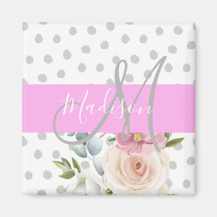 Imã Chic & Feminino Floral Branco Rosa Cinza Monograma