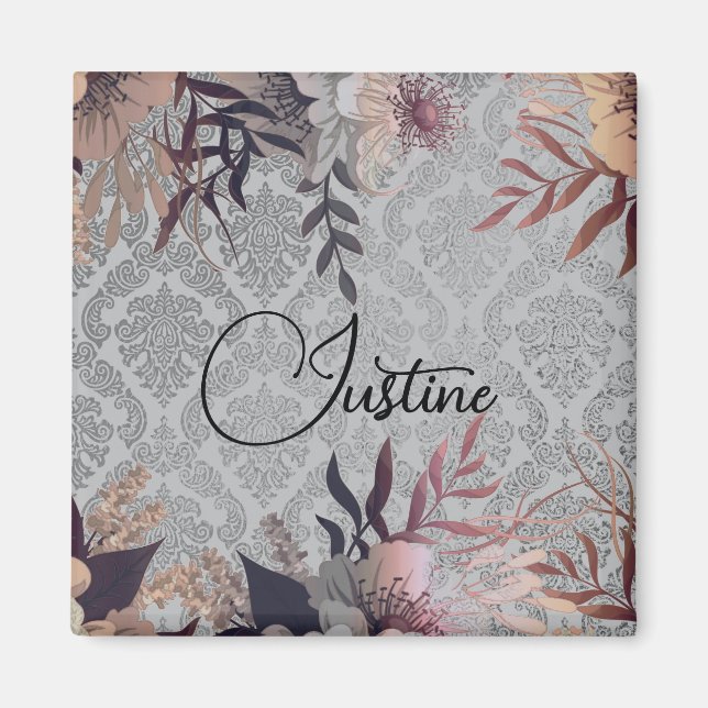 Imã Chic Floral Silver Damask Personalizado (Frente)