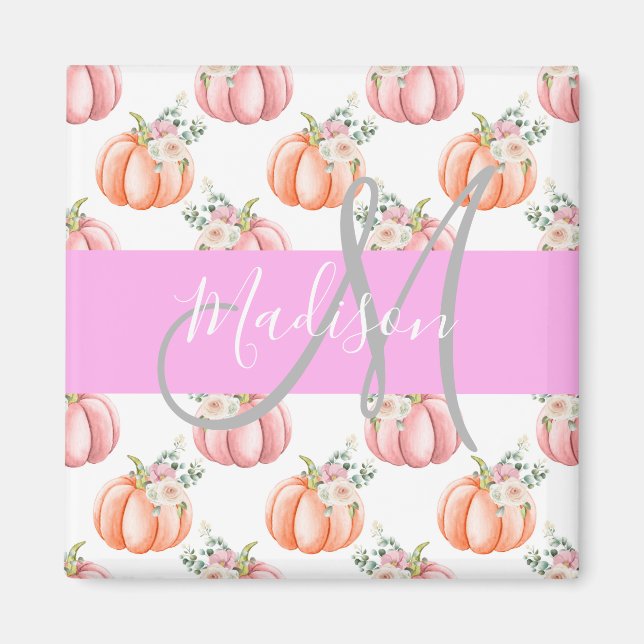 Imã Chic Floral White Pink Pêssego Pumpkin Monograma N (Frente)