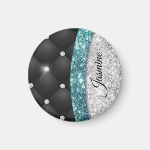 Imã Chic girly faux Silver glitter black teal monogram