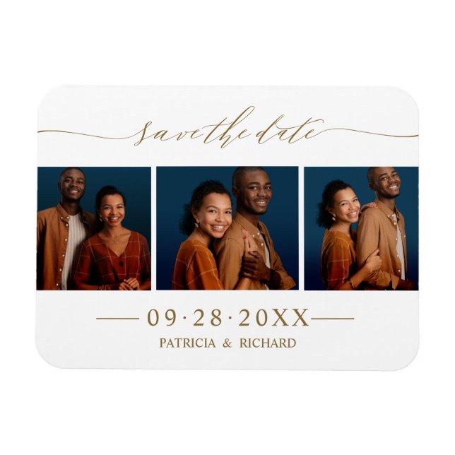 Ímã Chic Script Casamento Salvar Data 3 Colagem de Fot (Horizontal)