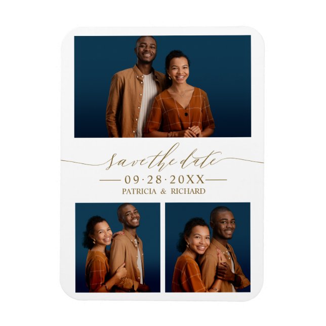 Ímã Chic Script Casamento Salvar Data 3 Colagem de Fot (Vertical)