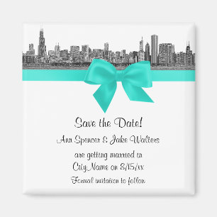 Imã Chicago Skyline Gravado BW Aqua Save the Date