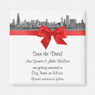 Imã Chicago Skyline Gravado BW Vermelho Save the Date