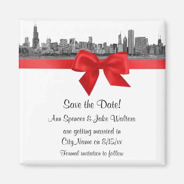 Imã Chicago Skyline Gravado BW Vermelho Save the Date (Frente)