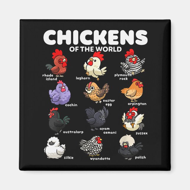 Imã Chickens Of The World Funny Cartoon Chicken Breeds (Frente)