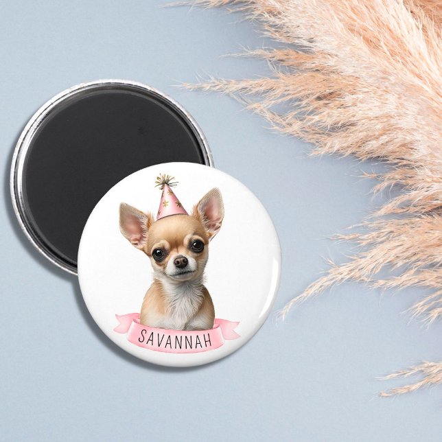 Imã Chihuahua bonitinho com nome Design Whimsical Rosa (Criador carregado)