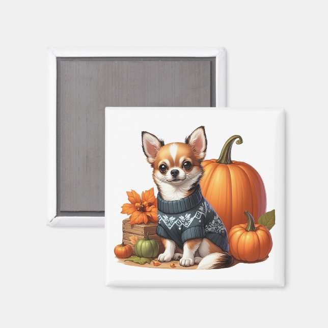 Imã Chihuahua bonitinho em Suéter com Pumpkins (Front/Back)