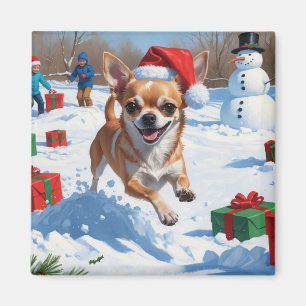 Imã Chihuahua Correndo na Neve com Chapéu de Natal