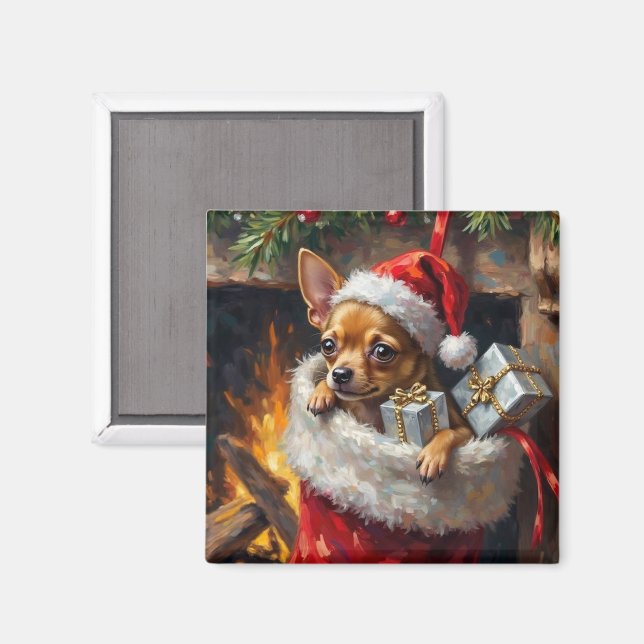 Imã Chihuahua Dog Christmas Stocking Surprise Art (Front/Back)