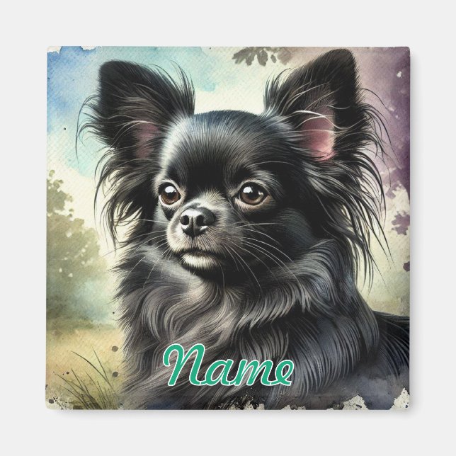 Imã Chihuahua Preto de Cabelo Longo em Aquarela (Frente)