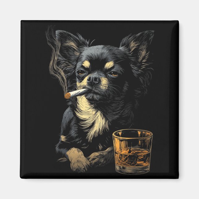 Imã Chihuahua Smoking Cigarette Whisky Lover Funny Dog (Frente)