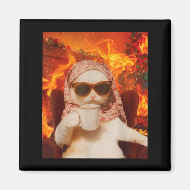 Imã Chill Cat And Coffe Xmas Funny Cat Meme Y2k Joke  (Frente)