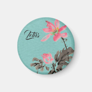 Imã Chinoiserie Freehand Watercolor Floral Lotus Green