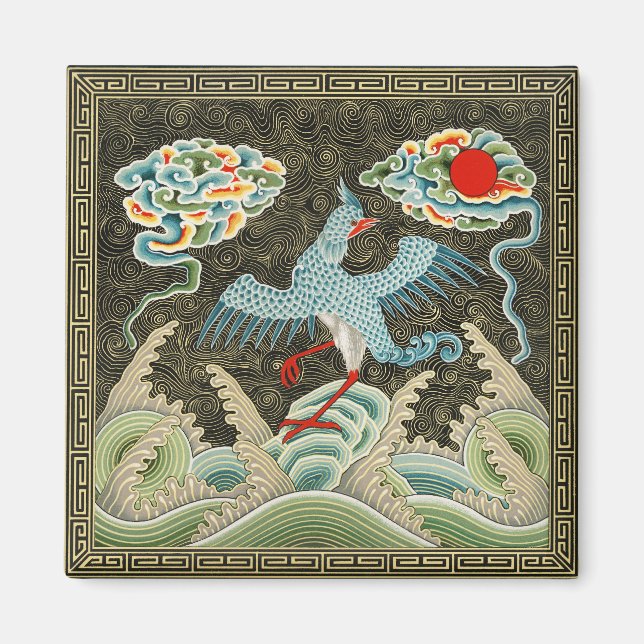 Imã Chinoiserie padrão de Garça Dourada e Onda do Mar (Frente)