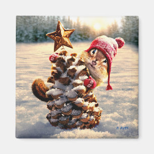 Imã Chipmunk Com Pine Cone Tree