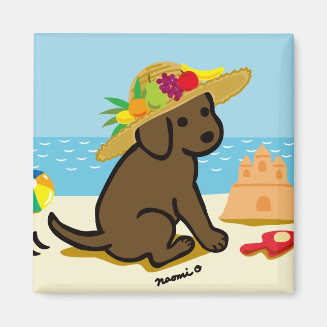 Imã Chocolate Labrador Puppy Straw Hat Cartoon (Frente)