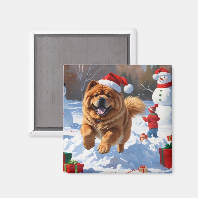 Imã Chow Chow Correndo na Neve com Chapéu de Natal (Front/Back)
