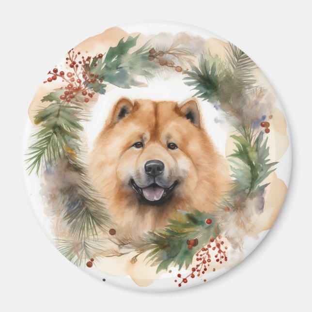 Imã Chow Chow Wreath de Natal Festivo (Frente)