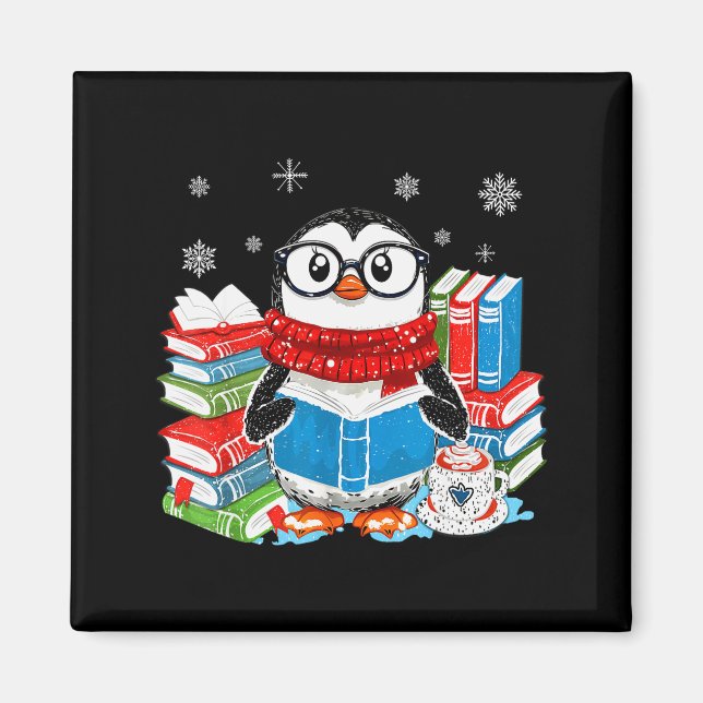 Imã Christmas A Penguin Reading Book Snowflake Cocoa H (Frente)