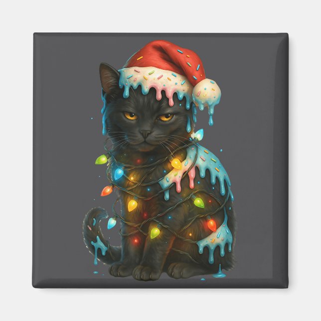 Imã Christmas Black Cat Ice Cream Drip Santa Hat Cute  (Frente)