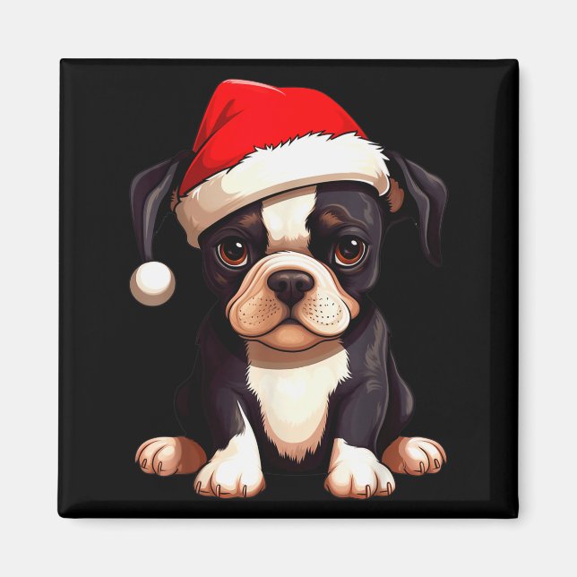 Imã Christmas Boston Terrier Dog Santa Hat Funny Xmas  (Frente)