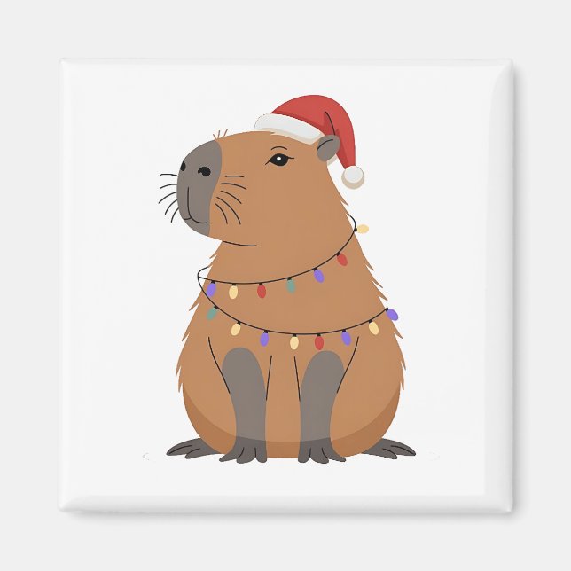Imã Christmas Capybara With Santa Hat Xmas Lights (Frente)