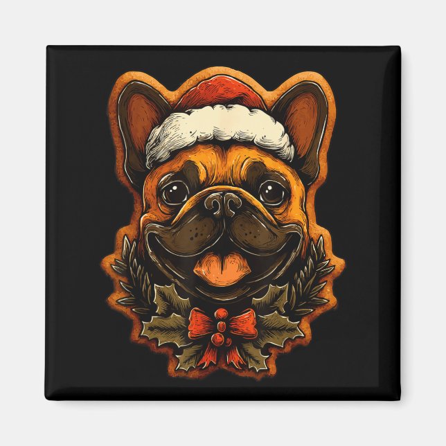 Imã Christmas French Bulldog With Santa Hat Gingerbrea (Frente)