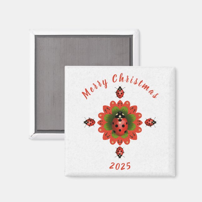 Imã Christmas Ladybug Red Green White Square (Front/Back)