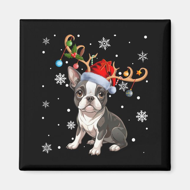Imã Christmas Light Reindeer Santa Hat Boston Terrier  (Frente)